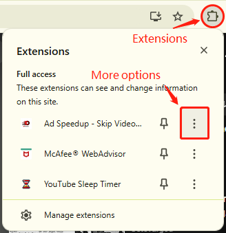 Open your Chrome browser, click the Extensions icon in the top right corner of the interface, and choose More options