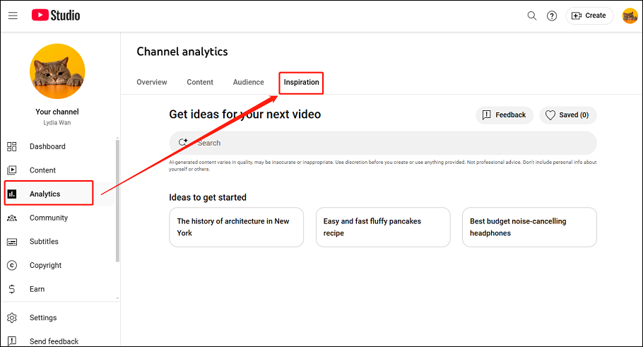 Choose the Analytics tab and go to the Inspiration tab in YouTube Studio