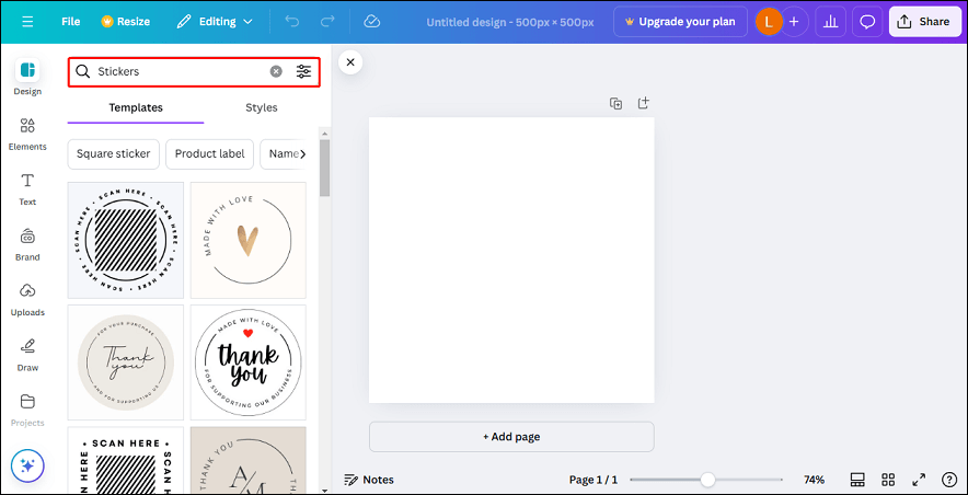 Enter stickers to search for sticker-related templates in Canva