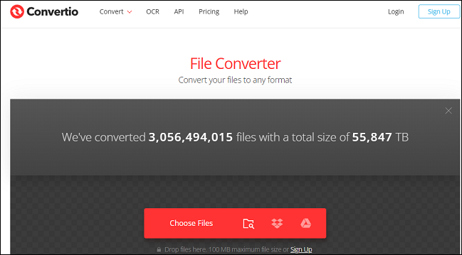 The main interface of Convertio to convert videos