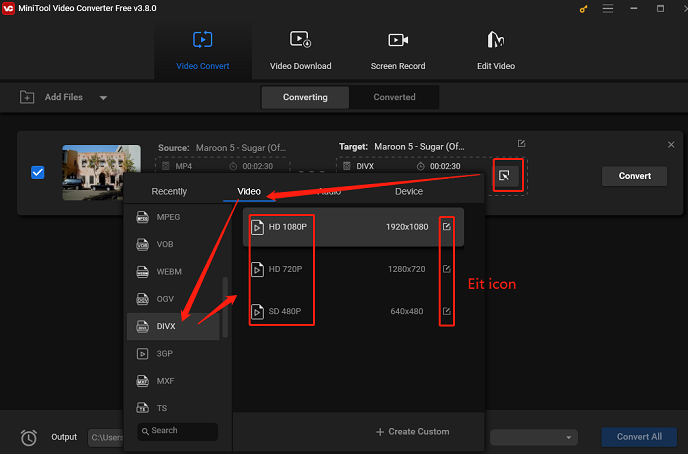 Choose DIVX as the output format and adjust output parameters in MiniTool Video Converter