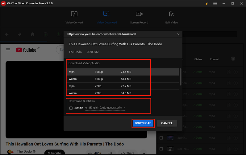 Choose download format, decide whether to download subtitle, and click DOWNLOAD in MiniTool Video Converter