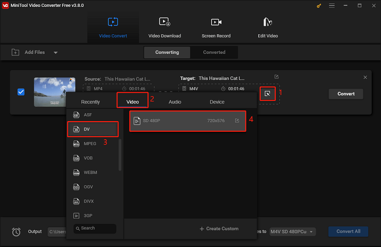 Choose DV as the output format and adjust some parameters in MiniTool Video Converter