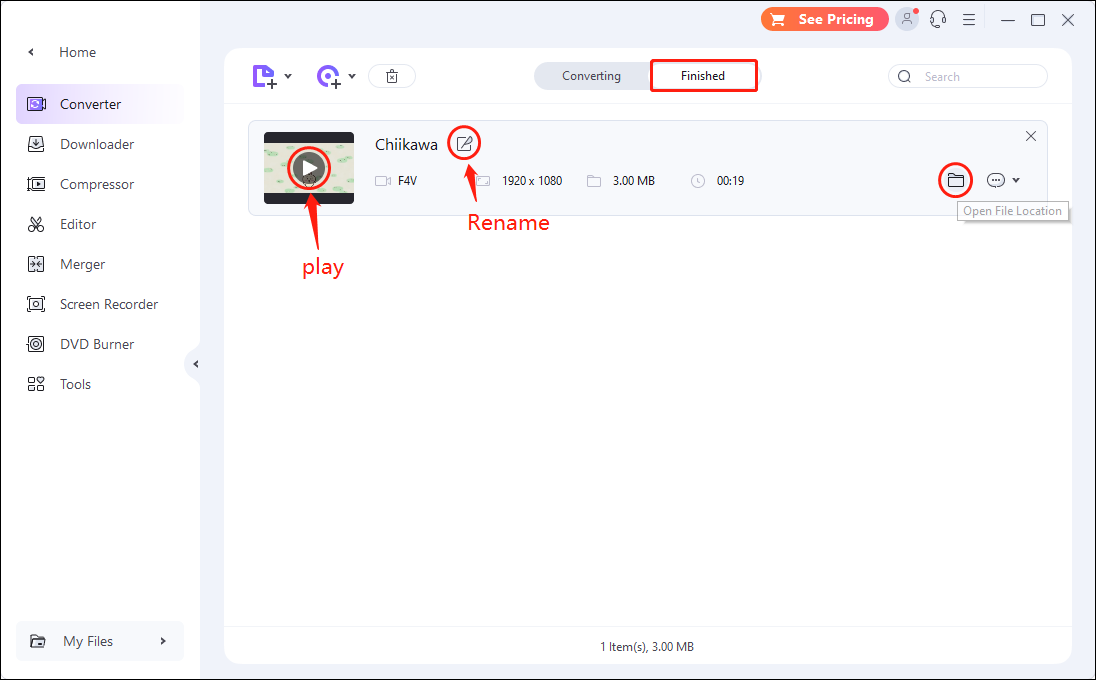Click the play button to preview the F4V file, choose the Rename icon and edit the file’s name, and select the Open File Location to view the save location of the file