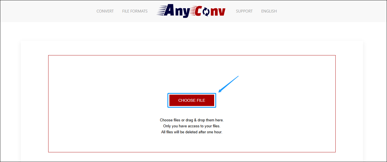 Go to the website of AnyConv and click the red CHOOSE FILE button