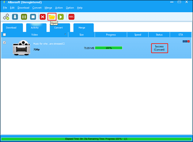 Click the Open icon to find the downloaded video in Allavsoft