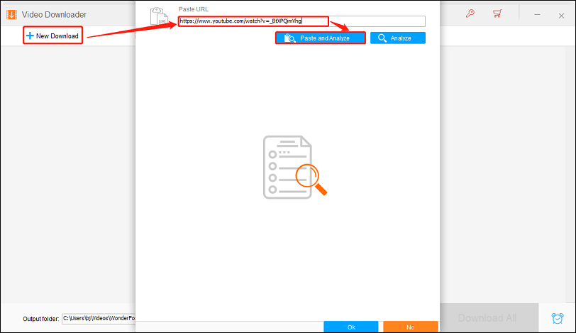 Click + New Download, paste the URL, and click Paste and Analyze in WonderFox HD Video Converter Factory Pro