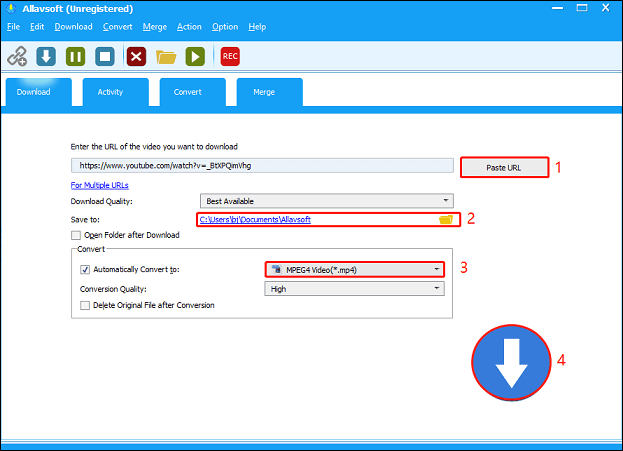 Paste YouTube video URL, change the output folder, select the output format, and click Download in Allavsoft