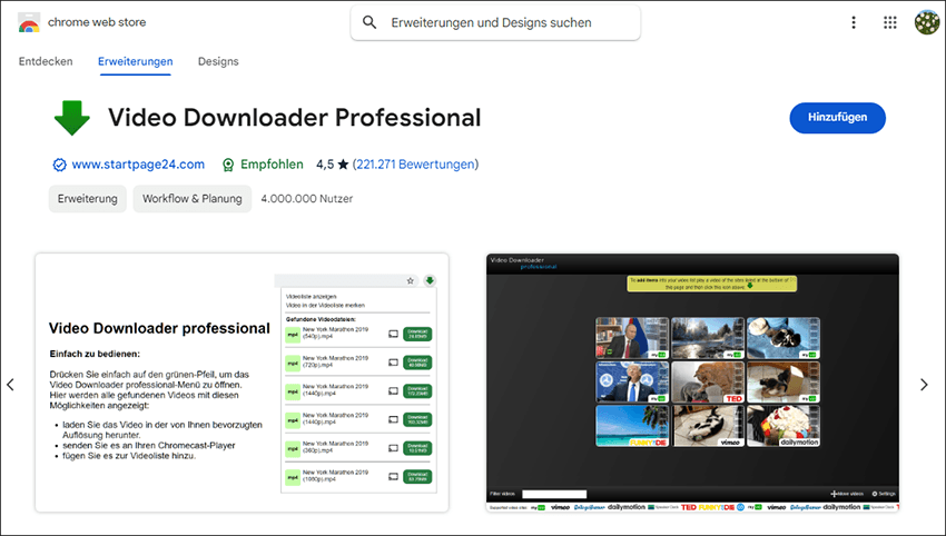 Video Downloader Professional im Chrome Web Store