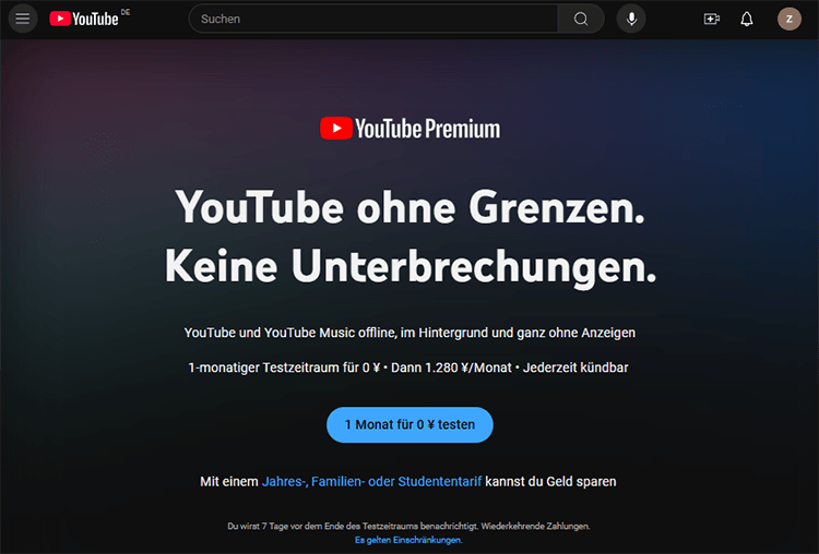 Die Startseite von YouTube Premium