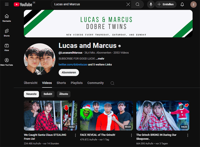 Die YouTube-Seite von Lucas and Marcus