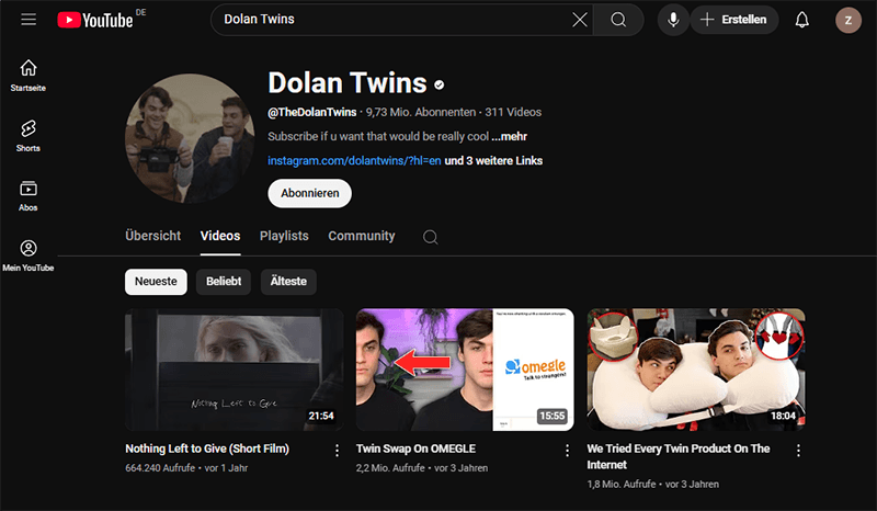 Die YouTube-Seite von Dolan Twins