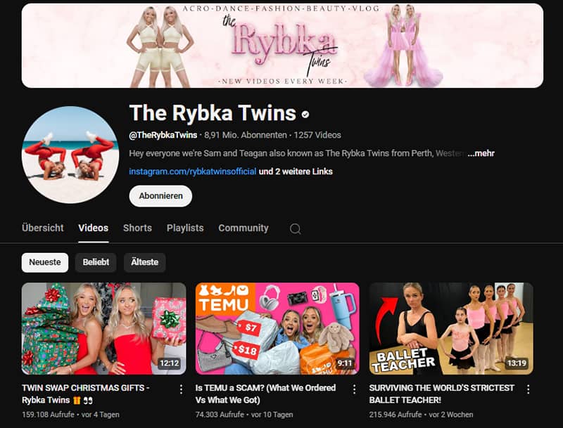 Die YouTube-Seite von The Rybka Twins