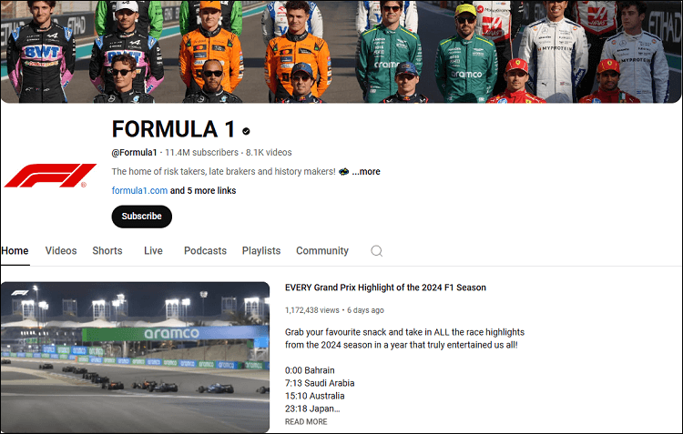 The channel homepage of FORMULA 1 on YouTube