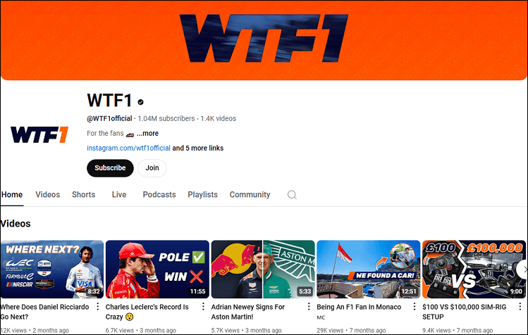 The channel homepage of WTF1 on YouTube