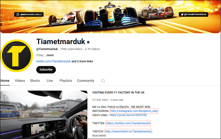 The channel homepage of Tiametmarduk on YouTube