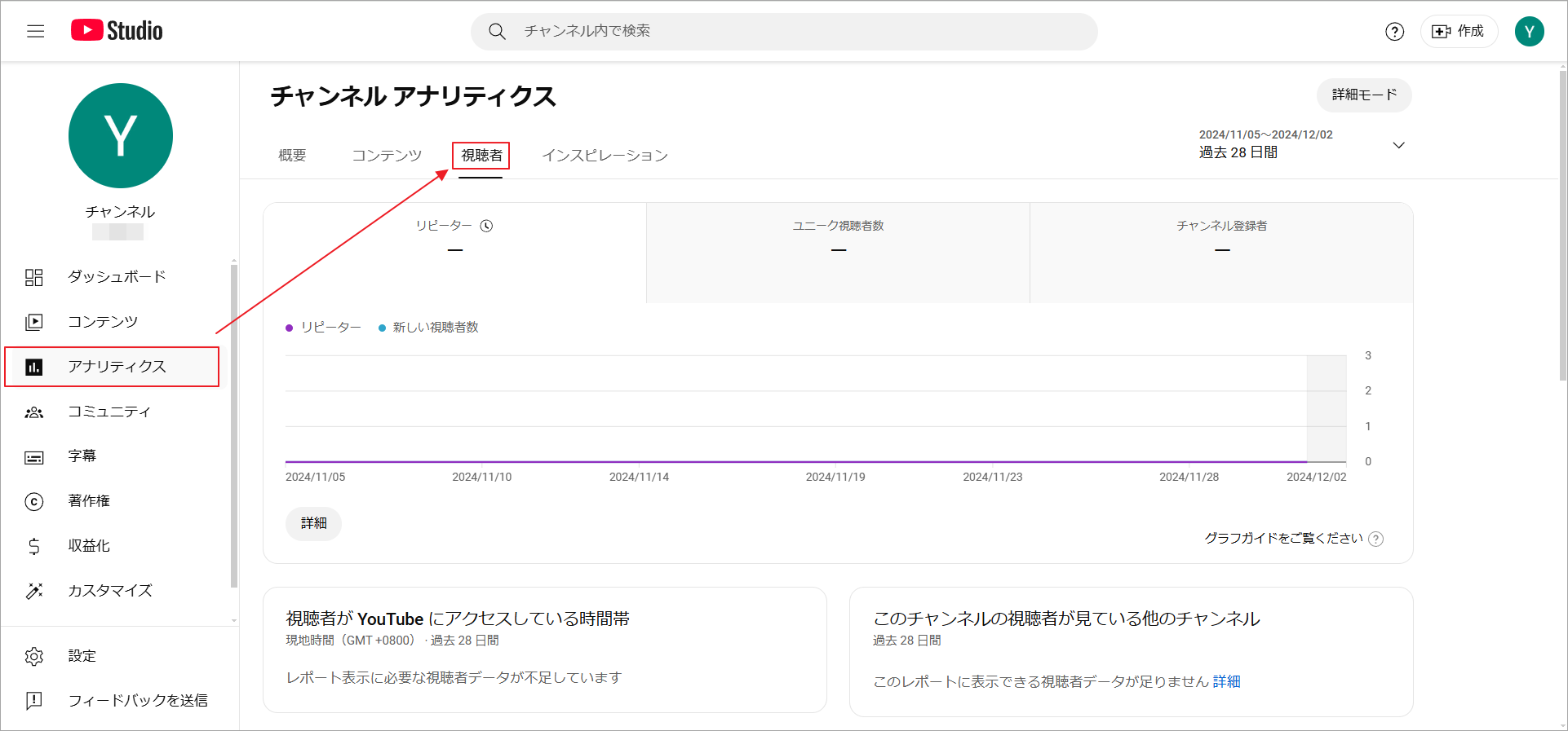 「アナリティクス」タブに移動し、「視聴者」を選択