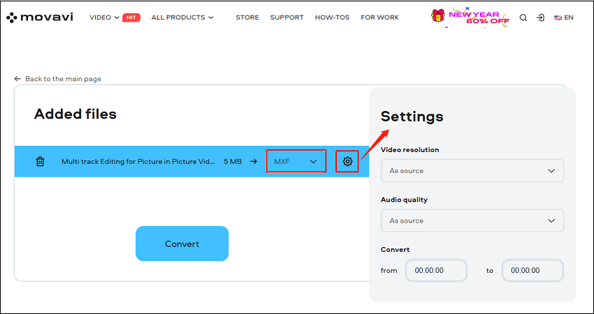 Select the MXF format and click the Settings icon in Movavi Online Video Converter