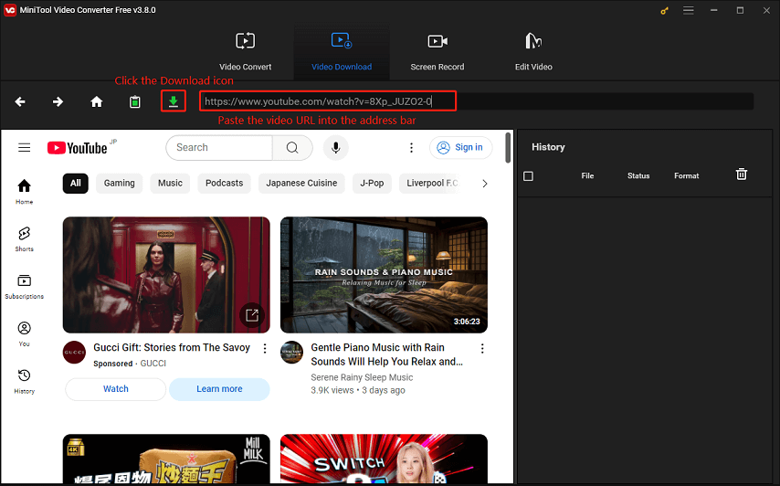 Paste the video URL into MiniTool Video Converter’s address bar and click the Download icon in MiniTool Video Converter