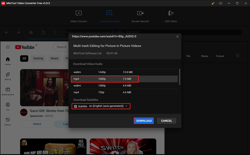 Choose the output format, tick the box next to Subtitle, and click the DOWNLOAD button in MiniTool Video Converter