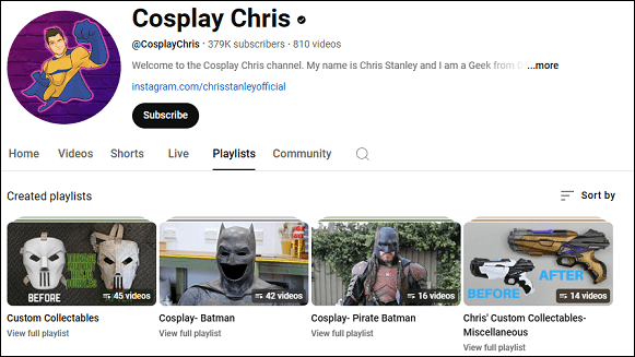 Watch Cosplay Chris’s cosplay videos on YouTube