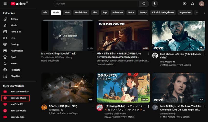 Wählen Sie die Option YouTube Studio aus der linken Menüleiste