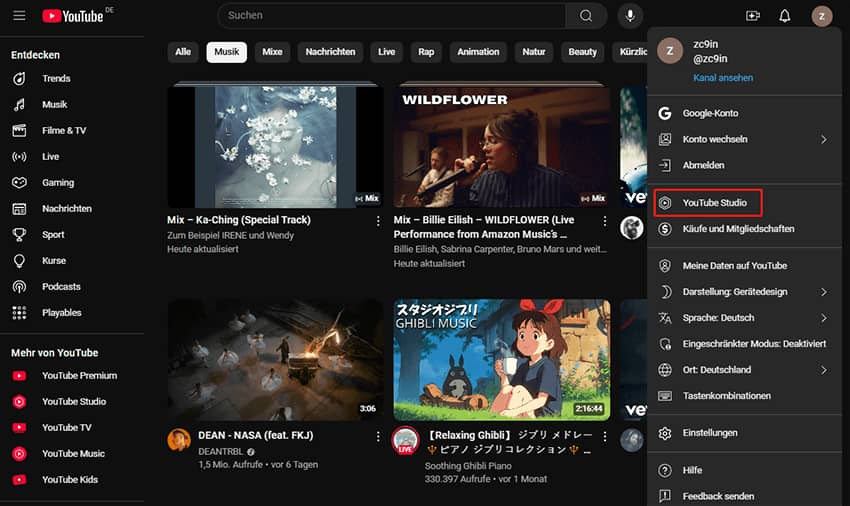 Klicken Sie oben rechts auf Ihr Profilbild und wählen Sie die Option YouTube Studio aus dem Dropdown-Menü