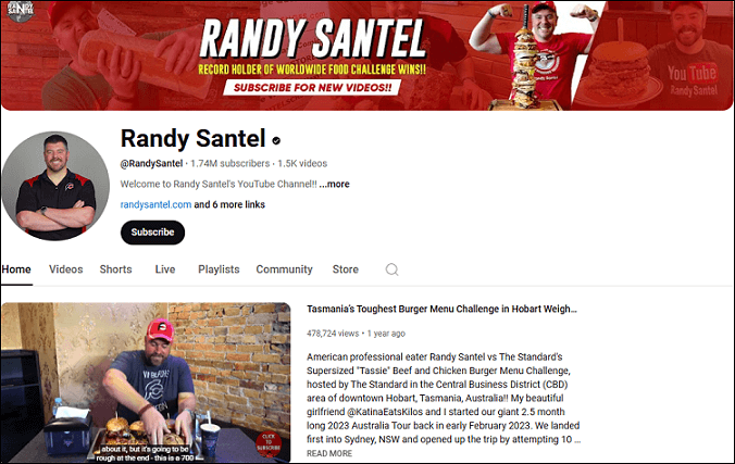 The channel homepage of Randy Santel on YouTube