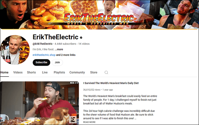 The channel homepage of ErikTheElectric on YouTube