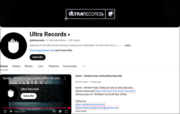 The homepage of the Ultra Records channel on YouTube