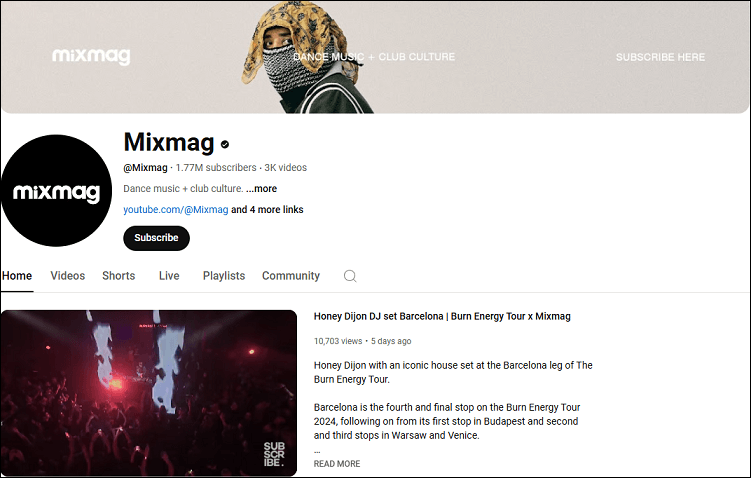 The homepage of the Mixmag channel on YouTube