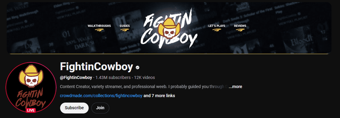 The channel page of FightinCowboy