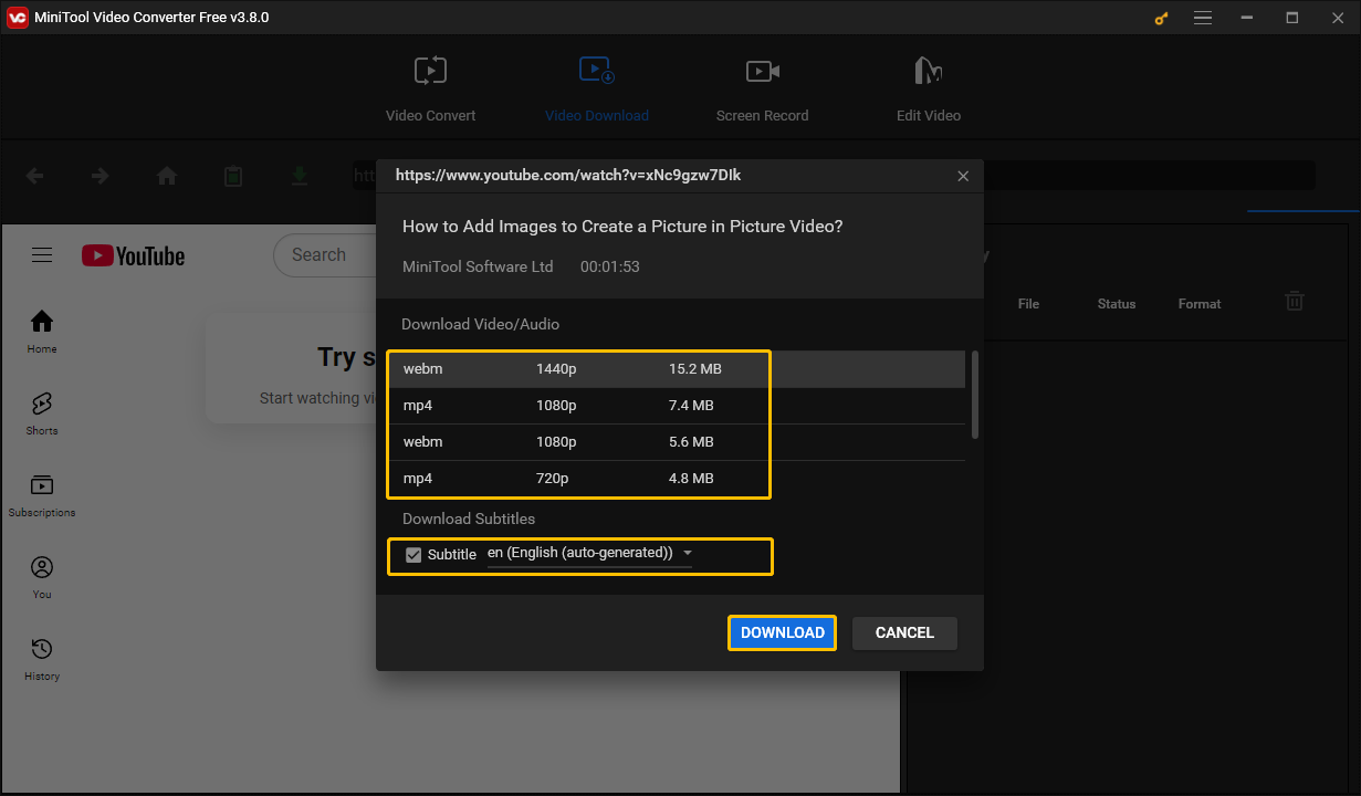 Choose an output format, choose whether to download YouTube subtitles, and click DOWNLOAD button