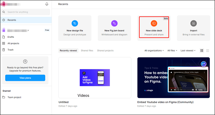 Click on New slide deck to create a new slide in Figma Slide