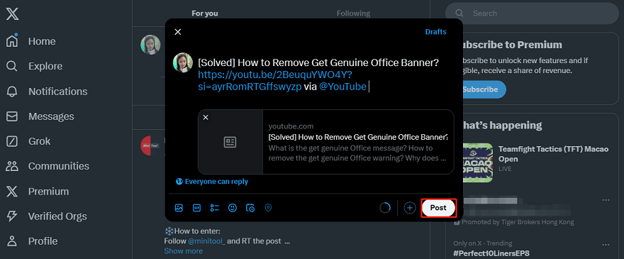 Customize the tweet and click on Post to share the YouTube video on Twitter