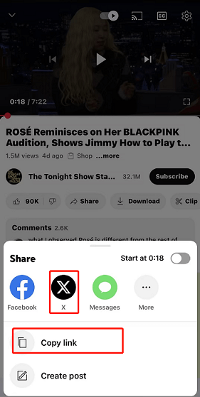 Select X to share the video directly or select Copy link to share it manually