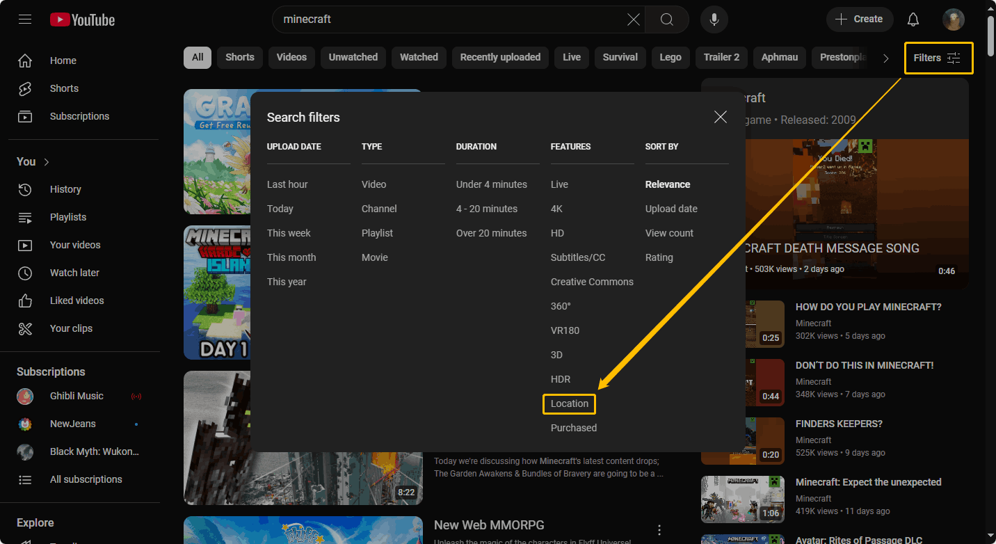 Click the Filters option and choose Location in the Search filters window