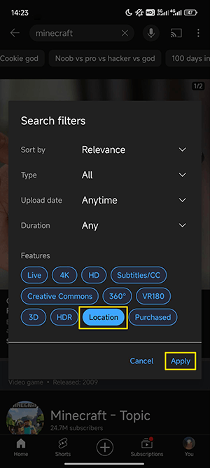 In the Search filters window, choose the Location option under Features, tap the Apply option