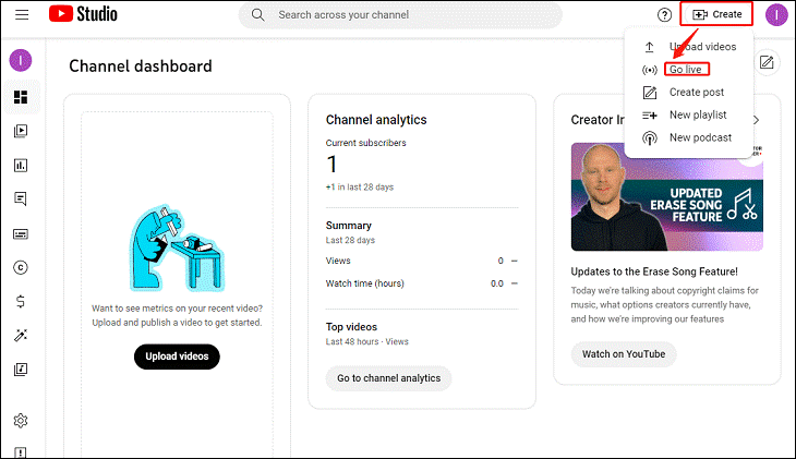 Click Create and then Go live to create a live on YouTube