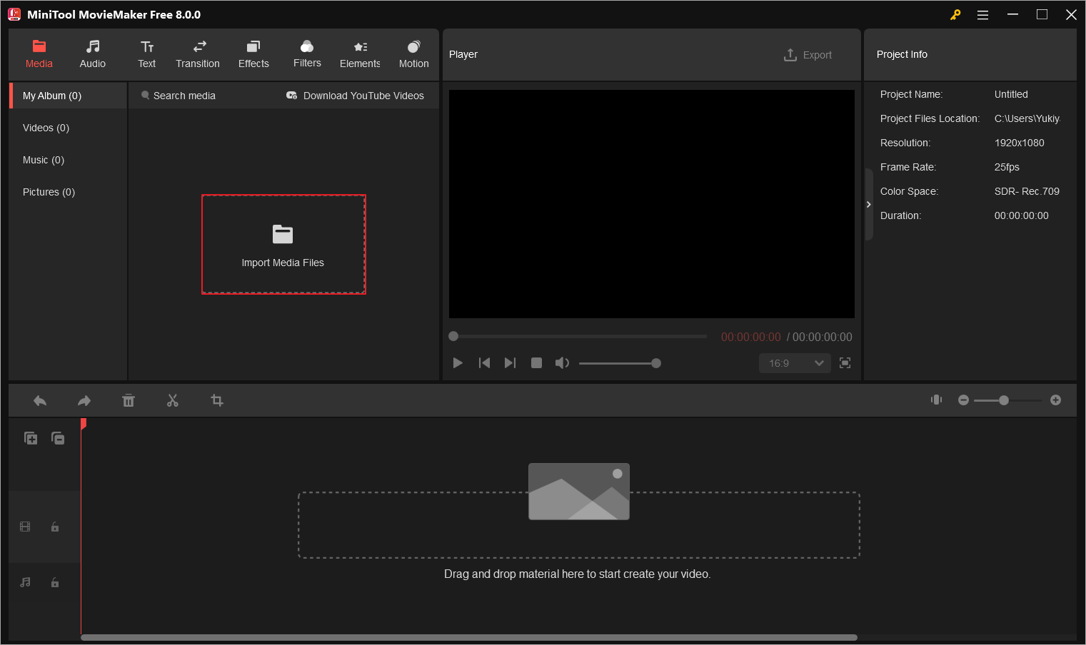 MiniTool MovieMakerで「Import Media Files」をクリック