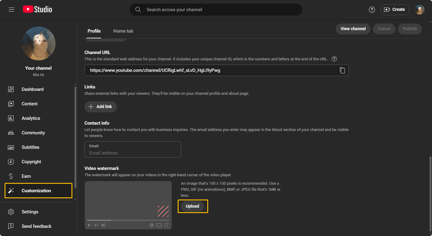 Go to YouTube Studio, choose Customization on the left panel, and find Video watermark to upload your image