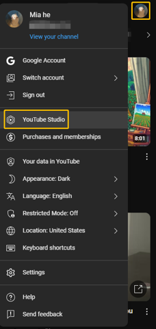 Click the profile avatar from the top right corner, and select YouTube Studio in the drop-down menu