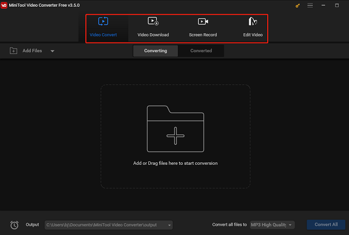 cuatro secciones de MiniTool Video Converter