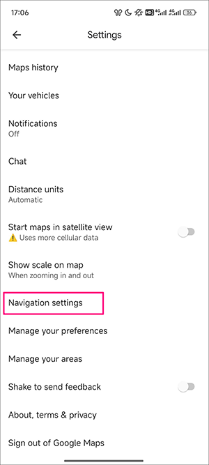 Choose the Navigation settings option