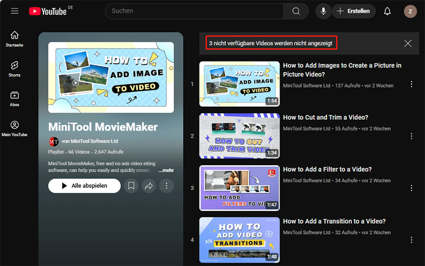 Die Fehlermeldung „Nicht verfügbare Videos werden nicht angezeigt“ in einer YouTube-Playlist