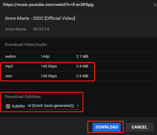 Choose output audio format, tick the box in the front of Subtitle, and click on the Download button in MiniTool Video Converter