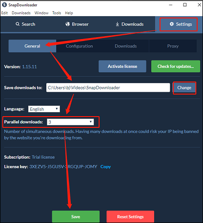 Go to Settings to customize output position and parallel downloads in SnapDownloader