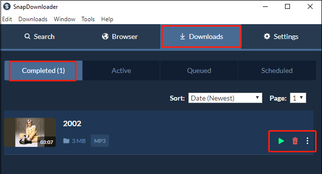 Go to Download > Completed to find out the downloaded music and see three icons in SnapDownloader