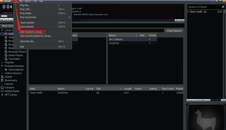 Click on File > Add Media to Library to import the downloaded YouTube Music song to Winamp