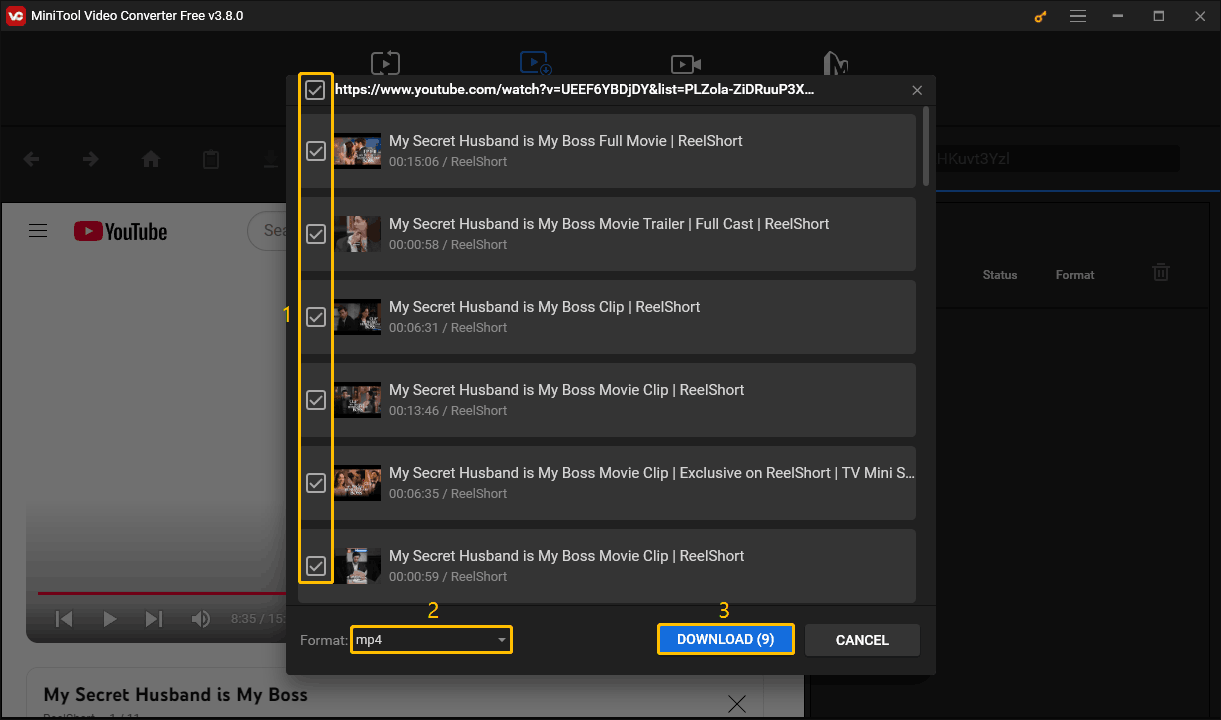 Tick on the checkbox to choose the videos you want to download, select the output format, and click the DOWNLOAD button